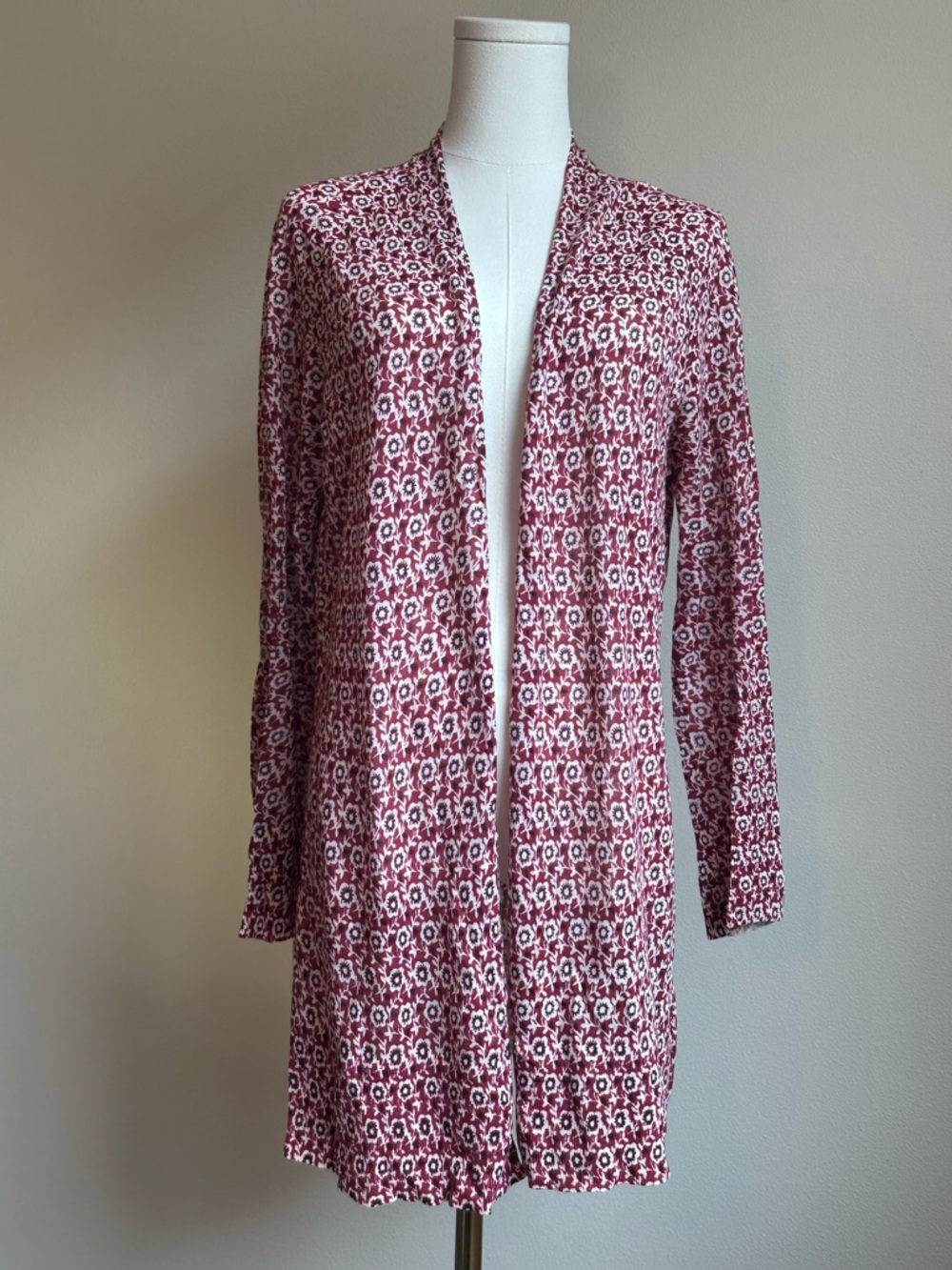 Loft Women's Burgundy Floral Open-Front Long Cardigan Sweater | SIZE L